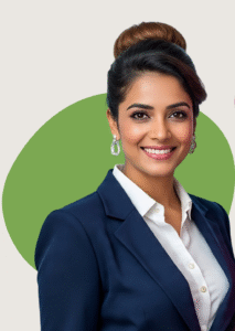 Ai-Driven Creation of a Business Women Wearing Blue Suit with white Shirt and having a smile on her face