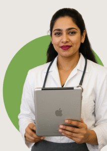 Ai-Driven Creation of a Female Doctor hanging a stethoscope, having a tablet on her hand & Wearing white coat
